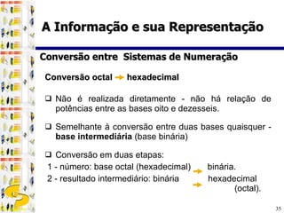 Conversão octal  hexadecimal Não é realizada diretamente - não há relação de potências entre as bases oito e dezesseis. Semelhante à conversão entre duas bases quaisquer -  base intermediária  (base binária)  Conversão em duas etapas: 1 - número: base octal (hexadecimal)  binária. 2 - resultado intermediário: binária  hexadecimal    (octal). Conversão entre  Sistemas de Numeração A Informação e sua Representação 