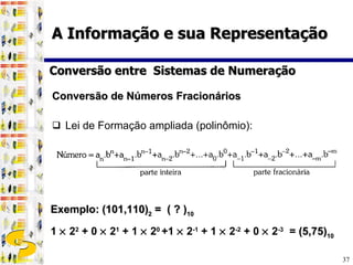 Conversão de Números Fracionários Lei de Formação ampliada (polinômio): Conversão entre  Sistemas de Numeração A Informação e sua Representação Exemplo: (101,110) 2  =  ( ? ) 10   1    2 2  + 0    2 1  + 1    2 0  +1    2 -1  + 1    2 -2  + 0    2 -3   =  (5,75) 10 