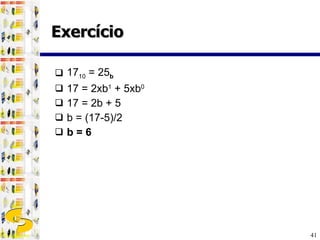 Exercício 17 10   =   25 b 17 = 2xb 1  + 5xb 0   17 = 2b + 5 b = (17-5)/2  b = 6 