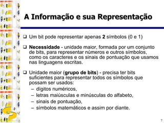 Um bit pode representar apenas  2  símbolos (0 e 1) Necessidade  - unidade maior, formada por um conjunto de bits, para representar números e outros símbolos, como os caracteres e os sinais de pontuação que usamos nas linguagens escritas. Unidade maior ( grupo de bits ) - precisa ter bits suficientes para representar todos os símbolos que possam ser usados: dígitos numéricos, letras maiúsculas e minúsculas do alfabeto,  sinais de pontuação,  símbolos matemáticos e assim por diante. A Informação e sua Representação 