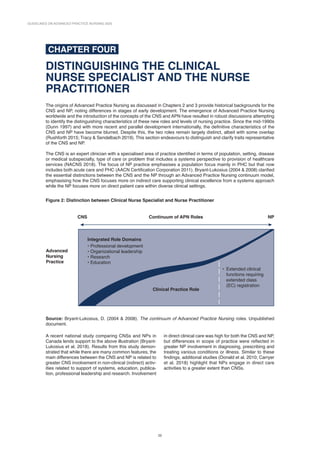 GUIDELINES ON ADVANCED PRACTICE NURSING 2020
22
CHAPTER FOUR
DISTINGUISHING THE CLINICAL
NURSE SPECIALIST AND THE NURSE
PRACTITIONER
The origins of Advanced Practice Nursing as discussed in Chapters 2 and 3 provide historical backgrounds for the
CNS and NP, noting differences in stages of early development. The emergence of Advanced Practice Nursing
worldwide and the introduction of the concepts of the CNS and APN have resulted in robust discussions attempting
to identify the distinguishing characteristics of these new roles and levels of nursing practice. Since the mid-1990s
(Dunn 1997) and with more recent and parallel development internationally, the definitive characteristics of the
CNS and NP have become blurred. Despite this, the two roles remain largely distinct, albeit with some overlap
(Rushforth 2015; Tracy  Sendelbach 2019). This section endeavours to distinguish and clarify traits representative
of the CNS and NP.
The CNS is an expert clinician with a specialised area of practice identified in terms of population, setting, disease
or medical subspecialty, type of care or problem that includes a systems perspective to provision of healthcare
services (NACNS 2018). The focus of NP practice emphasises a population focus mainly in PHC but that now
includes both acute care and PHC (AACN Certification Corporation 2011). Bryant-Lukosius (2004  2008) clarified
the essential distinctions between the CNS and the NP through an Advanced Practice Nursing continuum model,
emphasising how the CNS focuses more on indirect care supporting clinical excellence from a systems approach
while the NP focuses more on direct patient care within diverse clinical settings.
Figure 2: Distinction between Clinical Nurse Specialist and Nurse Practitioner
Source: Bryant-Lukosius, D. (2004  2008). The continuum of Advanced Practice Nursing roles. Unpublished
document.
Continuum of APN Roles
CNS NP
Advanced
Nursing
Practice
Integrated Role Domains
• Professional development
• Organizational leadership
• Research
• Education
• Extended clinical
functions requiring
extended class
(EC) registration
Clinical Practice Role
A recent national study comparing CNSs and NPs in
Canada lends support to the above illustration (Bryant-
Lukosius et al. 2018). Results from this study demon-
strated that while there are many common features, the
main differences between the CNS and NP is related to
greater CNS involvement in non-clinical (indirect) activ-
ities related to support of systems, education, publica-
tion, professional leadership and research. Involvement
in direct clinical care was high for both the CNS and NP,
but differences in scope of practice were reflected in
greater NP involvement in diagnosing, prescribing and
treating various conditions or illness. Similar to these
findings, additional studies (Donald et al. 2010; Carryer
et al. 2018) highlight that NPs engage in direct care
activities to a greater extent than CNSs.
 