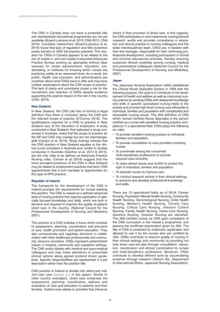GUIDELINES ON ADVANCED PRACTICE NURSING 2020
34
The CNS in Canada does not have a protected title
and standardised educational programmes are not yet
available (Bryant-Lukosius et al. 2010; CNA 2012; CNA
2019). Canadian researchers (Bryant-Lukosius et al.
2018) found that lack of regulation and title protection
poses barriers to CNS full practice potential. This situ-
ation for CNSs in Canada appears to be related to the
mix of master’s- and non-master’s-educated Advanced
Practice Nurses working as specialists without clear
avenues for career advancement, education, cre-
dentialing, or methods for knowing which nurses are
practicing safely at an advanced level. As a result, the
public, health care providers, and administrators are
uncertain about what CNSs have to offer and may have
unclear expectations about the CNS scope of practice.
This lack of clarity and uncertainty poses a risk for the
recruitment and retention of CNSs despite evidence
supporting the positive impact of the role in the country
(CNA, 2019).
New Zealand
In New Zealand, the CNS role has no formal or legal
definition thus there is confusion about the CNS and
the relevant scope of practice (O’Connor 2016). The
qualifications required for a CNS to practice in New
Zealand vary at the discretion of employers. A study
conducted in New Zealand, that replicated a study con-
ducted in Australia, noted that the scope of practice for
the NP and CNS may overlap but are not interchange-
able (Carryer et al. 2018). Study findings indicate that
the CNS position in New Zealand equates to the clin­
ical nurse consultant in Australia and, similar to studies
conducted in Australia (Gardner et al. 2013  2015),
are the only roles to be defined as Advanced Practice
Nursing roles. Carryer et al (2018) suggest that the
more prevalent presence of the CNS in New Zealand
may be related to employment practices that favor CNS
appointments that in turn translate to opportunities for
this type of APN practice.
Republic of Ireland
The framework for the development of the CNS in
Ireland provides the requirements for nurses seeking
this position. The CNS is viewed as a defined advanced
area of nursing practice that requires application of spe-
cially focused knowledge and skills, which are both in
demand and required to improve the quality of patient/
client care in the country. (National Council for the
Professional Development of Nursing and Midwifery
2007).
The practice of a CNS includes a focus which consists
of assessment, planning, coordination and provision
of care, health promotion and patient education. They
also communicate and negotiate decisions in collab­
oration with other healthcare professionals and commu-
nity resource providers. CNSs represent patient/client
values in hospital, community and outpatient settings.
The CNS works closely with medical and para-­
medical
colleagues and may make alterations in prescribed
clinical options along agreed protocol driven guide-
lines. Specific responsibilities are represented in a job
description rather than the position title.
CNS practice in Ireland is divided into direct and indi-
rect care (see Section 2.2 in this paper). Similar to
other country exemplars, direct care comprises the
­
assessment, planning, coordination, delivery and
evaluation of care and education to patients and their
families. Indirect care relates to activities that influence
others in their provision of direct care. In this capacity,
the CNS participates in and implements nursing/clinical
research, audits and provides consultancy in educa-
tion and clinical practice to nursing colleagues and the
wider interdisciplinary team. CNSs are, in tandem with
their line manager, responsible for their continuing pro-
fessional development, including participation in formal
and informal educational activities, thereby ensuring
sustained clinical credibility among nursing, medical
and paramedical colleagues (National Council for the
Professional Development of Nursing and Midwifery,
2007).
Japan
The Japanese Nursing Association (JNA) established
the Clinical Nurse Specialist System in 1994 with the
following purpose. Our goal is to contribute to the devel-
opment of health and welfare as well as improving nurs-
ing science by sending CNSs with deepened knowledge
and skills in specific specialized nursing fields to the
society and provide high level nursing care efficiently to
individual, families and population with complicated and
intractable nursing issues. The JNA definition of CNS
which named Certified Nurse Specialist is the person
certified as a nurse with excellent nursing practice com-
petency in a specialized field. CNSs plays the following
six roles:
• To provide excellent nursing practice to individual,
families and population.
• To provide consultation to care providers including
nurses.
• To coordinate among the concerned
multi‑disciplinary professions to provide
required care smoothly.
• To solve ethical issues and conflict to protect the
right of individual, families and population.
• To educate nurses to improve care.
• To conduct research activity in their clinical settings
to advance and develop professional knowledge
and skills.
There are 13 specialized fields as of 2018; Cancer
Nursing, Psychiatric Mental Health Nursing, Community
Health Nursing, Gerontological Nursing, Child Health
Nursing, Women’s Health Nursing, Chronic Care
Nursing, Critical Care Nursing, Infection Control
Nursing, Family Health Nursing, Home Care Nursing,
Genetics Nursing, Disaster Nursing are identified.
The JNA certifies nurses as CNS upon completion of
the CNS curriculum in the master’s programme, and
passing the certificate examination given by JNA. The
title of CNS is protected by trademark registration and
allowed to use it by the nurses who are certified by
JNA. CNSs contribute to improve quality of nursing in
their clinical settings and community by providing not
only direct care but also through consultation, educa-
tion, coordination and ethical coordination to nurses
and multi-disciplinary professions. Moreover, CNSs
contribute to develop efficient care by accumulating
evidence through research (Satomi Sai, Department
of International Affairs, Japanese Nursing Association).
 