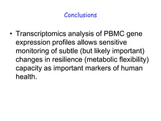 Conclusions


• Transcriptomics analysis of PBMC gene
  expression profiles allows sensitive
  monitoring of subtle (but likely important)
  changes in resilience (metabolic flexibility)
  capacity as important markers of human
  health.
 