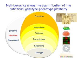 Nutrigenomics allows the quantification of the
  nutritional genotype-phenotype plasticity

                    Phenotype




                   Metabolome
  Lifestyle
                     Proteome
  Nutrition

 Environment       Transcriptome


                    Epigenome


                     Genotype
 