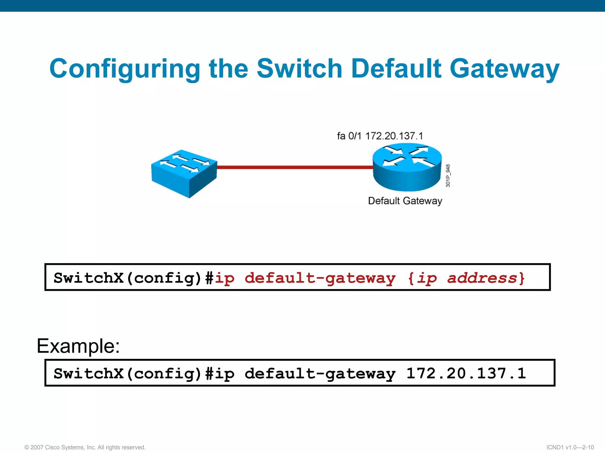 © 2007 Cisco Systems, Inc. All rights reserved. ICND1 v1.0—2-10
SwitchX(config)#ip default-gateway 172.20.137.1
Example:
SwitchX(config)#ip default-gateway {ip address}
Configuring the Switch Default Gateway
 
