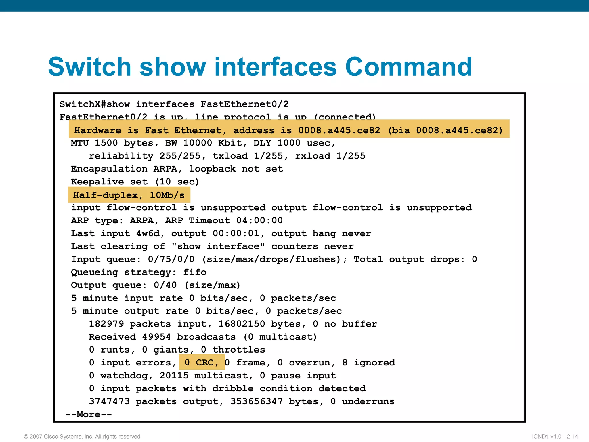 © 2007 Cisco Systems, Inc. All rights reserved. ICND1 v1.0—2-14
Switch show interfaces Command
SwitchX#show interfaces FastEthernet0/2
FastEthernet0/2 is up, line protocol is up (connected)
Hardware is Fast Ethernet, address is 0008.a445.ce82 (bia 0008.a445.ce82)
MTU 1500 bytes, BW 10000 Kbit, DLY 1000 usec,
reliability 255/255, txload 1/255, rxload 1/255
Encapsulation ARPA, loopback not set
Keepalive set (10 sec)
Half-duplex, 10Mb/s
input flow-control is unsupported output flow-control is unsupported
ARP type: ARPA, ARP Timeout 04:00:00
Last input 4w6d, output 00:00:01, output hang never
Last clearing of "show interface" counters never
Input queue: 0/75/0/0 (size/max/drops/flushes); Total output drops: 0
Queueing strategy: fifo
Output queue: 0/40 (size/max)
5 minute input rate 0 bits/sec, 0 packets/sec
5 minute output rate 0 bits/sec, 0 packets/sec
182979 packets input, 16802150 bytes, 0 no buffer
Received 49954 broadcasts (0 multicast)
0 runts, 0 giants, 0 throttles
0 input errors, 0 CRC, 0 frame, 0 overrun, 8 ignored
0 watchdog, 20115 multicast, 0 pause input
0 input packets with dribble condition detected
3747473 packets output, 353656347 bytes, 0 underruns
--More--
Half-duplex, 10Mb/s
0 CRC,
Hardware is Fast Ethernet, address is 0008.a445.ce82 (bia 0008.a445.ce82)
 