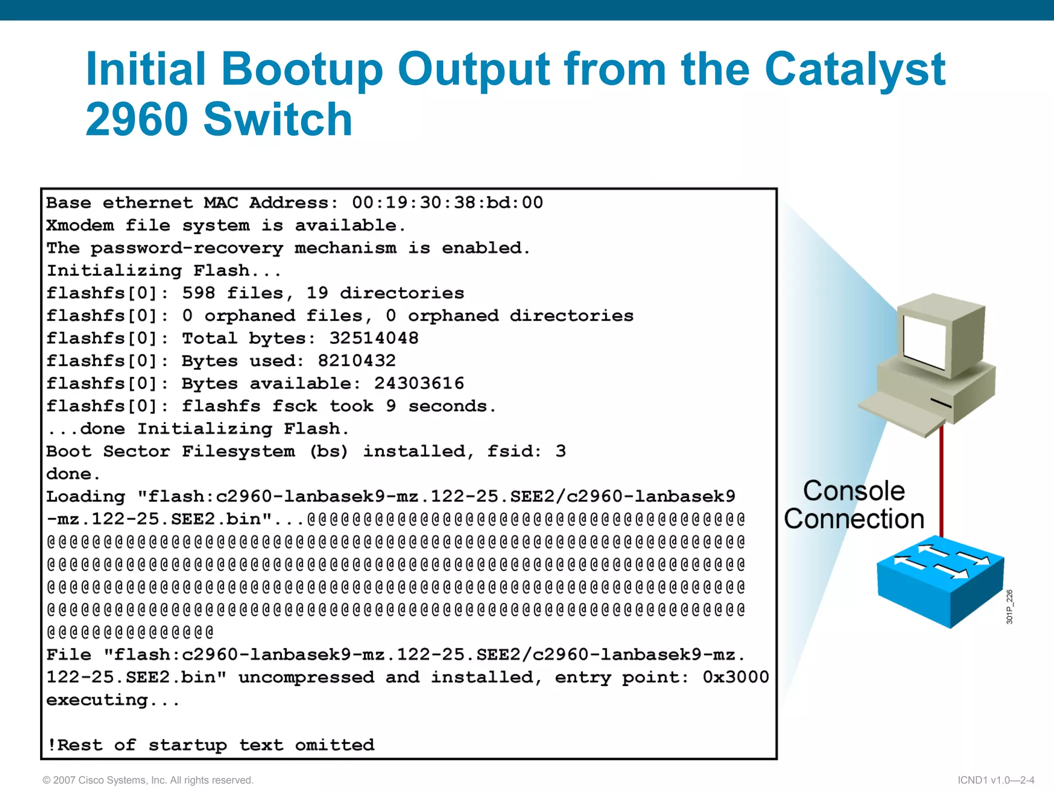 © 2007 Cisco Systems, Inc. All rights reserved. ICND1 v1.0—2-4
Initial Bootup Output from the Catalyst
2960 Switch
 