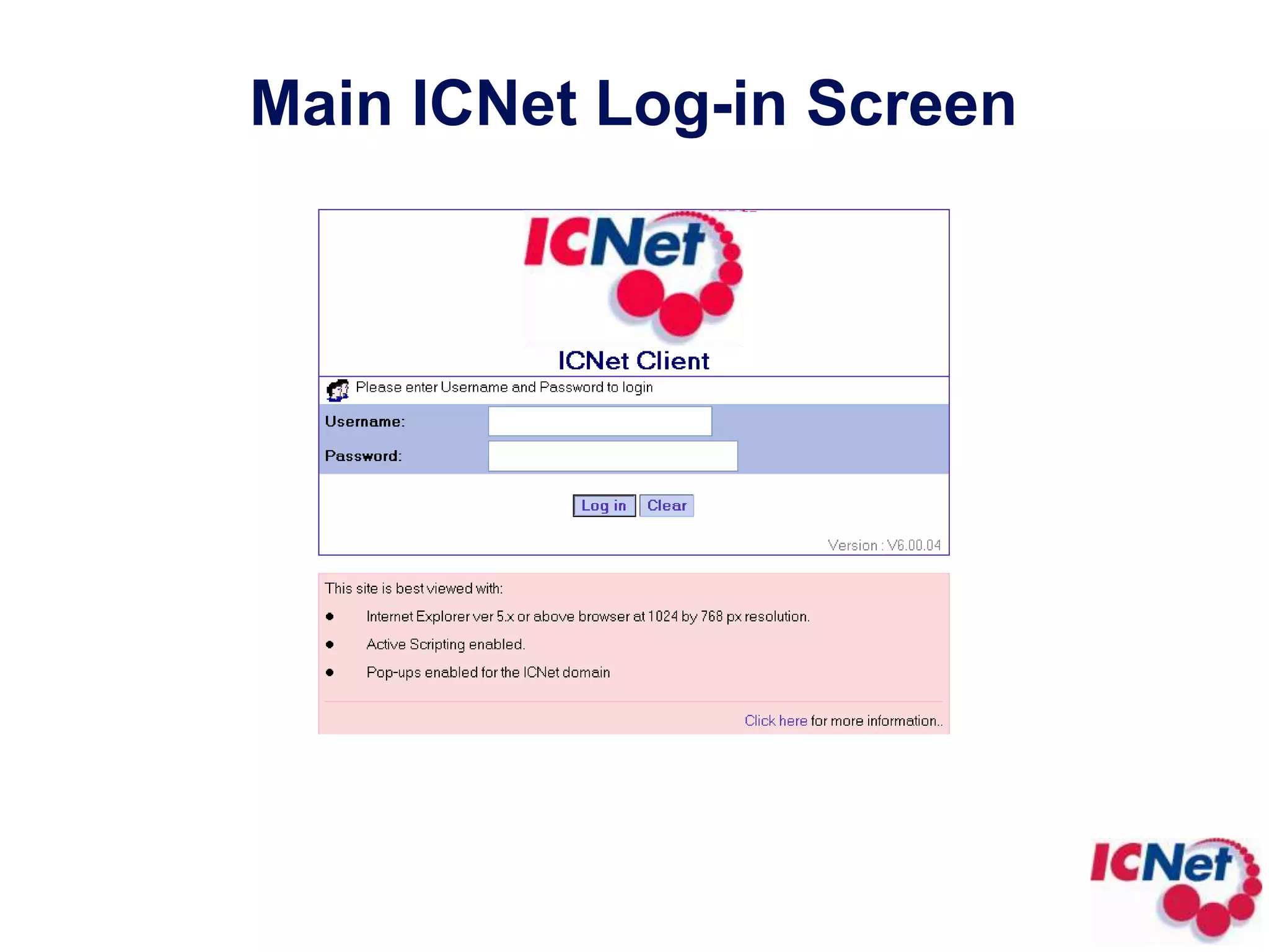 Main ICNet Log-in Screen