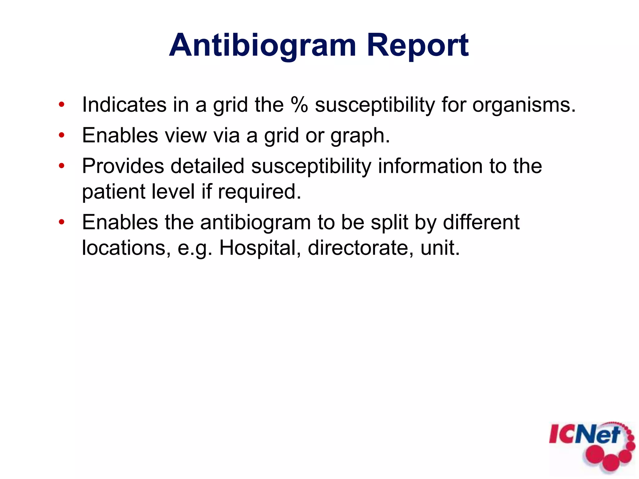 Multi-close Case ReportLine based report which may be viewed on screen, or may be printed.Produces the same report as a detailed open case report, although allows users to quickly close the case through the report.Report may be filtered to show only open cases with:Specimen collected from a specific place.Specific organism/antibiotic sensitivity.A discharge date registered post the specimen collection date.