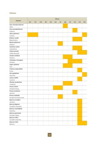 20
Folhosas
Espécies
Meses
jan fev mar abr mai jun jul ago set out nov dez
Acer monspessulanum
Zelha
Acer pseudoplatanus
Padreiro
Alnus glutinosa
Amieiro
Arbutus unedo
Medronheiro
Betula pubescens
Vidoeiro
Castanea sativa
Castanheiro
Celtis australis
Lodão-bastardo
Corylus avellana
Aveleira
Crataegus monogyna
Pilriteiro
Fagus sylvatica
Faia
Fraxinus angustifolia
Freixo
Ilex aquifolium
Azevinho
Laurus nobilis
Loureiro
Pistacia terebinthus
Terebinto
Prunus avium
Cerejeira-brava
Prunus lusitanica
Azereiro
Prunus mahaleb
Cerejeira de Santa-Luzia
Quercus coccifera
Carrasco
Quercus faginea
Carvalho-cerquinho
Quercus rotundifolia
Azinheira
Quercus pyrenaica
Carvalho-negral
Quercus robur
Carvalho-alvarinho
Quercus suber
Sobreiro
 
