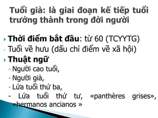  Thời điểm bắt đầu: từ 60 (TCYYTG)
- Tuổi về hưu (dấu chỉ điểm về xã hội)
 Thuật ngữ
- Người cao tuổi,
- Người già,
- Lứa tuổi thứ ba,
- Lứa tuổi thứ tư, «panthères grises»,
«hermanos ancianos »
 