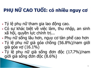  Tỷ lệ phụ nữ tham gia lao động cao.
 Có sự khác biệt về việc làm, thu nhập, an sinh
xã hội, quyền lực chính trị...
 Phụ nữ sống lâu hơn, nguy cơ tàn phế cao hơn
 Tỷ lệ phụ nữ già góa chồng (56.8%)/nam giới
già góa vợ (16.1%)
 Tỷ lệ phụ nữ già sống đơn độc (17.7%)/nam
giới già sống đơn độc (8.6%)
31
 
