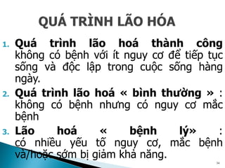 1. Quá trình lão hoá thành công
không có bệnh với ít nguy cơ để tiếp tục
sống và độc lập trong cuộc sống hàng
ngày.
2. Quá trình lão hoá « bình thường » :
không có bệnh nhưng có nguy cơ mắc
bệnh
3. Lão hoá « bệnh lý» :
có nhiều yếu tố nguy cơ, mắc bệnh
và/hoặc sớm bị giảm khả năng.
34
 