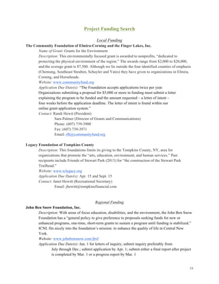 19
Project Funding Search
Local Funding
The Community Foundation of Elmira-Corning and the Finger Lakes, Inc.
Name of Grant: Grants for the Environment
Description: This environmentally focused grant is awarded to nonprofits, “dedicated to
protecting the physical environment of the region.” The awards range from $2,000 to $20,000,
and the average grant is $7,500. Although we lie outside the four identified counties of emphasis
(Chemung, Southeast Steuben, Schuyler and Yates) they have given to organizations in Elmira,
Corning, and Horseheads.
Website: www.communityfund.org
Application Due Date(s): “The Foundation accepts applications twice per year.
Organizations submitting a proposal for $5,000 or more in funding must submit a letter
explaining the program to be funded and the amount requested – a letter of intent –
four weeks before the application deadline. The letter of intent is found within our
online grant application system.”
Contact: Randi Hewit (President)
Sara Palmer (Director of Grants and Communications)
Phone: (607) 739-3900
Fax: (607) 739-3971
Email: rlh@communityfund.org
Legacy Foundation of Tompkins County
Description: This foundations limits its giving to the Tompkins County, NY, area for
organizations that promote the “arts, education, environment, and human services.” Past
recipients include Friends of Stewart Park (2013) for “the construction of the Stewart Park
Trailhead.”
Website: www.tclegacy.org
Application Due Date(s): Apr. 15 and Sept. 15
Contact: Janet Hewitt (Recreational Secretary)
Email: jhewitt@tompkinsfinancial.com
Regional Funding
John Ben Snow Foundation, Inc.
Description: With areas of focus education, disabilities, and the environment, the John Ben Snow
Foundation has a “general policy to give preference to proposals seeking funds for new or
enhanced programs, one-time, short-term grants to sustain a program until funding is stabilized.”
ICNL fits nicely into the foundation’s mission: to enhance the quality of life in Central New
York.
Website: www.johnbensnow.com/jbsf
Application Due Date(s): Jan. 1 for letters of inquiry; submit inquiry preferably from
July through Dec.; submit application by Apr. 1; submit either a final report after project
is completed by Mar. 1 or a progress report by Mar. 1
 