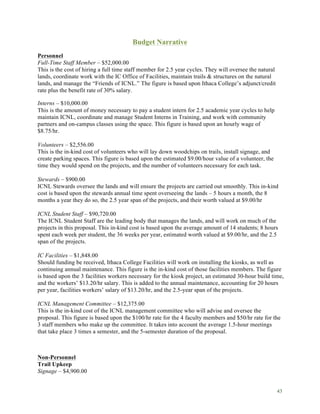 43
Budget Narrative
Personnel
Full-Time Staff Member – $52,000.00
This is the cost of hiring a full time staff member for 2.5 year cycles. They will oversee the natural
lands, coordinate work with the IC Office of Facilities, maintain trails & structures on the natural
lands, and manage the “Friends of ICNL.” The figure is based upon Ithaca College’s adjunct/credit
rate plus the benefit rate of 30% salary.
Interns – $10,000.00
This is the amount of money necessary to pay a student intern for 2.5 academic year cycles to help
maintain ICNL, coordinate and manage Student Interns in Training, and work with community
partners and on-campus classes using the space. This figure is based upon an hourly wage of
$8.75/hr.
Volunteers – $2,556.00
This is the in-kind cost of volunteers who will lay down woodchips on trails, install signage, and
create parking spaces. This figure is based upon the estimated $9.00/hour value of a volunteer, the
time they would spend on the projects, and the number of volunteers necessary for each task.
Stewards – $900.00
ICNL Stewards oversee the lands and will ensure the projects are carried out smoothly. This in-kind
cost is based upon the stewards annual time spent overseeing the lands – 5 hours a month, the 8
months a year they do so, the 2.5 year span of the projects, and their worth valued at $9.00/hr
ICNL Student Staff – $90,720.00
The ICNL Student Staff are the leading body that manages the lands, and will work on much of the
projects in this proposal. This in-kind cost is based upon the average amount of 14 students; 8 hours
spent each week per student, the 36 weeks per year, estimated worth valued at $9.00/hr, and the 2.5
span of the projects.
IC Facilities – $1,848.00
Should funding be received, Ithaca College Facilities will work on installing the kiosks, as well as
continuing annual maintenance. This figure is the in-kind cost of those facilities members. The figure
is based upon the 3 facilities workers necessary for the kiosk project, an estimated 30-hour build time,
and the workers’ $13.20/hr salary. This is added to the annual maintenance, accounting for 20 hours
per year, facilities workers’ salary of $13.20/hr, and the 2.5-year span of the projects.
ICNL Management Committee – $12,375.00
This is the in-kind cost of the ICNL management committee who will advise and oversee the
proposal. This figure is based upon the $100/hr rate for the 4 faculty members and $50/hr rate for the
3 staff members who make up the committee. It takes into account the average 1.5-hour meetings
that take place 3 times a semester, and the 5-semester duration of the proposal.
Non-Personnel
Trail Upkeep
Signage – $4,900.00
 