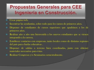    Crear página web.
   Incentivar las ayudantías, sobre todo para los ramos de primeros años.
   Disponer de estudiantes de cursos superiores que apadrinen a los de
    primeros años.
   Realizar año a año una bienvenida a los nuevos estudiantes que se vienen
    integrando a la carrera.
   Establecer contactos con empresas, tanto locales como de distintas regiones
    del país para charlas educativas .
   Disponer de salidas a terreno bien coordinadas, junto con obtener
    materiales necesarios para éstas.
   Realizar Congresos y/o Seminarios semestralmente.
 