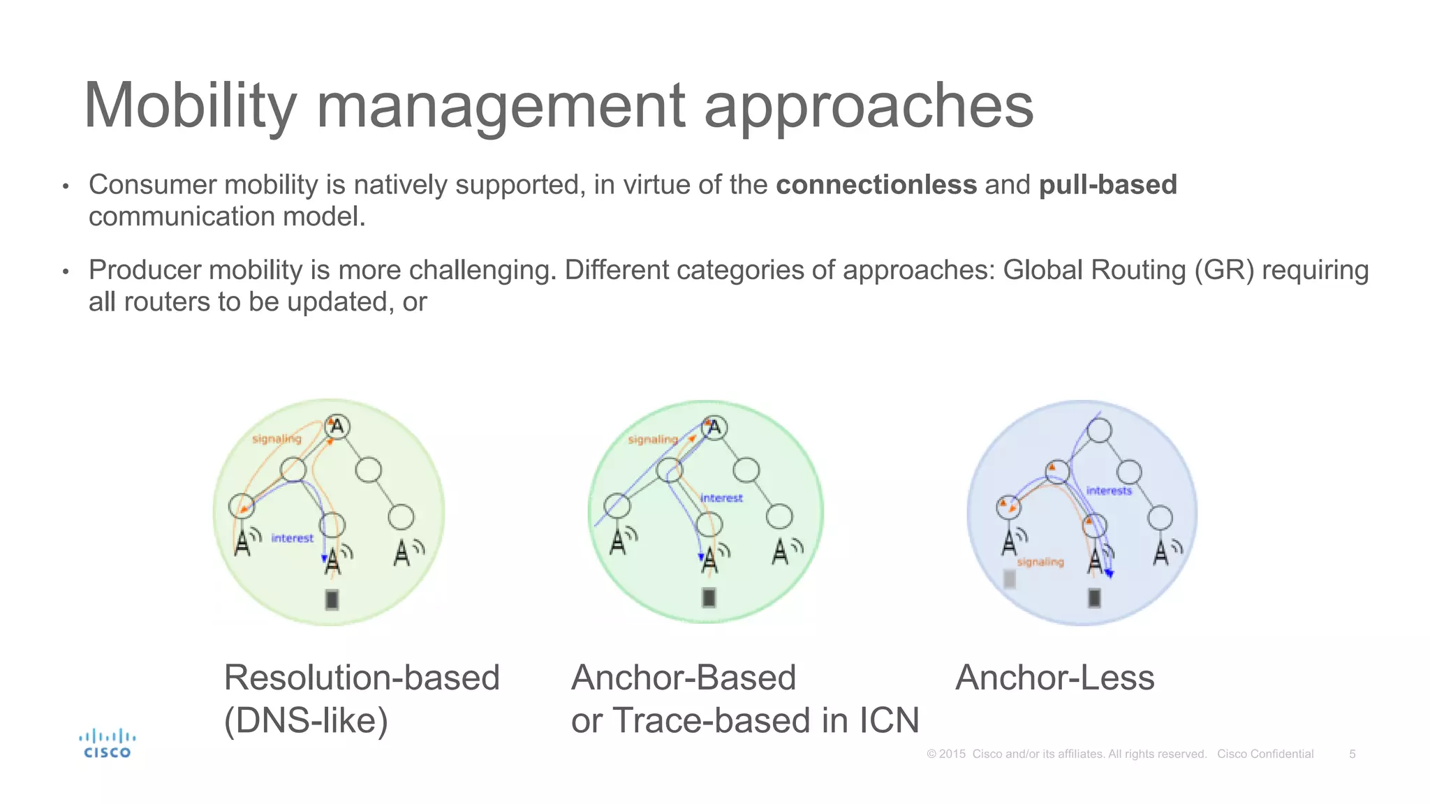 Mobility management approaches
• Consumer mobility is natively supported, in virtue of the connectionless and pull-based
communication model.
• Producer mobility is more challenging. Different categories of approaches: Global Routing (GR) requiring
all routers to be updated, or
Resolution-based
(DNS-like)
Anchor-Based
or Trace-based in ICN
Anchor-Less
 