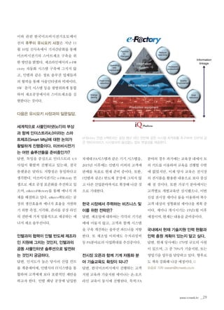 www.icnweb.kr _29
이와 관련 한국미쓰비시전기오토메이
션의 후루이 유시요키 사장은 지난 11
월 10일 신사옥에서 기자간담회를 통해
미쓰비시전기의 스마트제조 구축을 위
한 방안을 밝혔다. 제조라인에서의 e-F@
ctory 자동화 시스템 구축에 그치지 않
고, 인텔과 같은 정보 솔루션 업체들과
의 협력을 통해 사물인터넷과 빅데이터,
SW 분석 시스템 등을 광범위하게 통합
하여 제조공장에서의 스마트제조를 실
현한다는 것이다.
다음은 유시요키 사장과의 일문일답.
세계적으로 사물인터넷(IoT)의 부상
과 함께 인더스트리4.0이라는 스마
트제조(Smart Mfg)에 대한 논의가
활발하게 진행중이다. 미쓰비시전기
는 어떤 솔루션들을 준비중인가?
답변. 독일을 중심으로 인더스트리 4.0
사업이 활발히 진행되고 있는데, 결국
플랫폼은 달라도 지향점은 동일하다고
생각한다. 미쓰비시전기는 e-F@ctory 컨
셉으로 제조 공정 표준화를 추진하고 있
으며, e&ecoF@ctory를 통해 에너지 과
제를 해결하고 있다. e&eco팩토리는 공
장의 생산효율과 에너지 효율을 지원하
기 위한 측정, 시각화, 관리를 공장 라인
의 전반에 거쳐 일률적으로 제공하는 에
너지 제조 솔루션이다.
인텔과의 협력이 인텔 반도체 제조라
인 지원에 그치는 것인지, 인텔과의
공동 사물인터넷 솔루션으로 발전하
는 것인지 궁금하다.
답변. 인지도가 높은 당사의 산업 컨트
롤 계층제어에, 인텔사의 IT시스템을 통
합하여 고객에게 보다 포괄적인 제안을
하고자 한다. 인텔 페낭 공장에 납입한
차세대 FA시스템과 같은 기기.시스템을,
2015년 이후에는 인텔사 이외의 고객에
판매를 목표로 현재 준비 중이다. 또한,
(인텔과 같은) 반도체 공장에 그치지 않
고 다른 산업분야까지로 확장해 나갈 것
으로 기대한다.
한국 시장에서 주력하는 비즈니스 및
이를 위한 전략은?
답변. 제조업에 대하여는 각각의 기기판
매에 머물지 않고, 고객과 함께 시스템
을 구축 개선하는 솔루션 파트너를 지향
한다. 또 제조업 이외에도 수처리설비
등 PA분야로의 사업확대를 추진중이다.
전시장 오픈과 함께 기계 자동화 분
야 기술교육도 확장이 되나?
답변. 한국미쓰비시에서 진행하는 고객
지원 교육과 기술지원 세미나는 온-오프
라인 교육이 동시에 진행된다. 특히 FA
분야의 경우 과거에는 교육장 내에서 모
의 키트를 이용하여 교육을 진행할 수밖
에 없었지만, 이제 당사 교육은 전시장
의 전시품을 활용한 내용으로 보다 충실
해 질 것이다. 또한 가공기 분야에서는
고객별로 개별교육만 실시했으나, 이번
신설 전시장 세미나 룸을 이용하여 복수
고객 대상의 정형화된 세미나를 계획 중
이다. 세미나 개시시기는 15년1월 이후
예정이며, 현재는 내용을 준비중이다.
국내에서 현재 기술지원 인력 현황과
인력 충원 계획이 있는지 알고 싶다.
답변. 현재 당사에는 170명 규모의 사원
이 있으며, 그 중 70%가 기술지원, 또는
영업기술 업무를 담당하고 있다. 향후로
도 계속 강화해 나갈 예정이다.©
오승모 기자 oseam@icnweb.co.kr
eF@ctory 컨셉. e팩토리는 공장 생산 라인 전반에 걸친 시스템 최적화를 추구하며, ERP와 같
은 엔터프라이즈 시스템과의 끊김없는 정보 연결성을 제공한다.
 