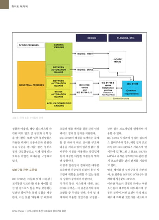 White Paper - 산업시설의 통신 네트워크 설비구축 표준
정함과 아울러, 해당 필드버스와 관
련된 비트 변조 및 부호화 규칙 등
을 명시한다. 또한 일부 통신망들은
가용한 데이터 전송속도와 관련한
목표 수준을 명시하는 한편, 통신과
정의 간섭현상으로 인해 발생되는
오류를 감안한 최대값을 규정하고
있다.
설비구축 관련 표준들
IEC 61918은 ‘자동화 섬’에 사용된 (
전기통신 인프라의) 범용 케이블 결
선 및 필드버스 등을 모두 포괄하는
일관된 설비구축 규정 집합을 제공
한다. 이는 또한 ‘자동화 섬’ 네트워
크들과 범용 케이블 결선 간의 인터
페이스 정의 및 설치를 지원한다.
IEC 61918이 해결을 모색하는 문제
들 중 하나가 바로 상이한 구조와
내용을 지니고 있어 일관성 없는 설
비구축 지침을 사용하는 공급업체
들이 제공한 다양한 부분들이 빚어
낸 상황이다.
이렇게 일관성이 결여되면 대부분
오류발생 가능성과 더불어 통신 시
스템에 위험을 초래할 수 있는 불일
치 상황이 증가하기 마련이다.
각각의 통신 시스템에 대해, IEC
61918 규격은 - 이 표준규격의 부속
조항들 중 무엇을 선택, 추가 및 대
체하여 적용할 것인가를 규정한 -
그림 2. 국제 표준 규격들의 관계
화이트 페이퍼
관련 설치 프로파일과 연계하여 사
용할 수 있다.
IEC 61784 시리즈에 정의된 필드버
스 설비구축의 경우, 해당 설치 프로
파일들이 IEC 61784-5 시리즈에 명
시되어 있다(그림 2 참조). IEC/TR
61158-1 규격은 필드버스와 관련 설
치 프로파일들 간의 관계를 기술하
고 있다.
범용 케이블링 설비구축과 관련하
여, 본 표준은 ISO/IEC 14763-2와 연
계하여 사용된다(그림 2).
이러한 구조의 장점의 하나는 어떤
요건들이 대부분의 네트워크에 공
통된 것이며, 어떤 요건이 특정 네트
워크에 특화된 것인가를 네트워크
 