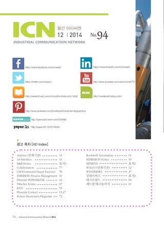 76_ Industrial Communication Network 2014
Anybus (만희기전) 		 13
AS-Interface 			 11
B&R Korea 			 표지4
Collaboration 			 77
CSF(Connected Smart Factory) 	 78
EMERSON Process Management 	31
Ethernet POWERLINK 		 43
Hilscher Korea 			 07
KNX 				 55
Phoenix Contact 		 15,17
Power Electronics Magazine 	 72
월간 아이씨엔
12 | 2014
INDUSTRIAL COMMUNICATION NETWORK
No.94
https://www.facebook.com/icnweb/
https://twitter.com/oseam/ http://www.youtube.com/user/icnwebTV/
http://www.pinterest.com/timothyoh/industrial-infographics/
https://www.linkedin.com/in/icnweb/
Rockwell Automation 		 01
SEMIKRON Korea 		 19
SIEMENS 			 표지2
WAGO (만희기전) 		 12
WESTERMO 		 27
굿네이버스 			 표지3
네스트필드 			 09
레드원 테크놀러지 		 61

광고 목차 [AD Index]
http://oseam0.wix.com/icncorp#!e-book-icn/c1x6d/ http://rosettanet.tistory.com/
http://opencast.naver.com/CH006/
http://paper.li/f-1337419540/
 