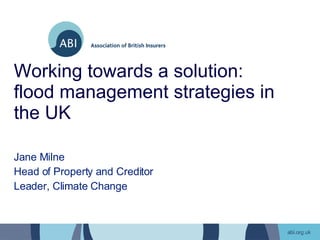 Working towards a solution:  flood management strategies in the UK Jane Milne Head of Property and Creditor Leader, Climate Change 