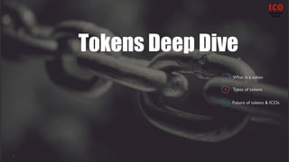 1
Tokens Deep Dive
2 Types of tokens
3 Future of tokens & ICOs
1 What is a token
 
