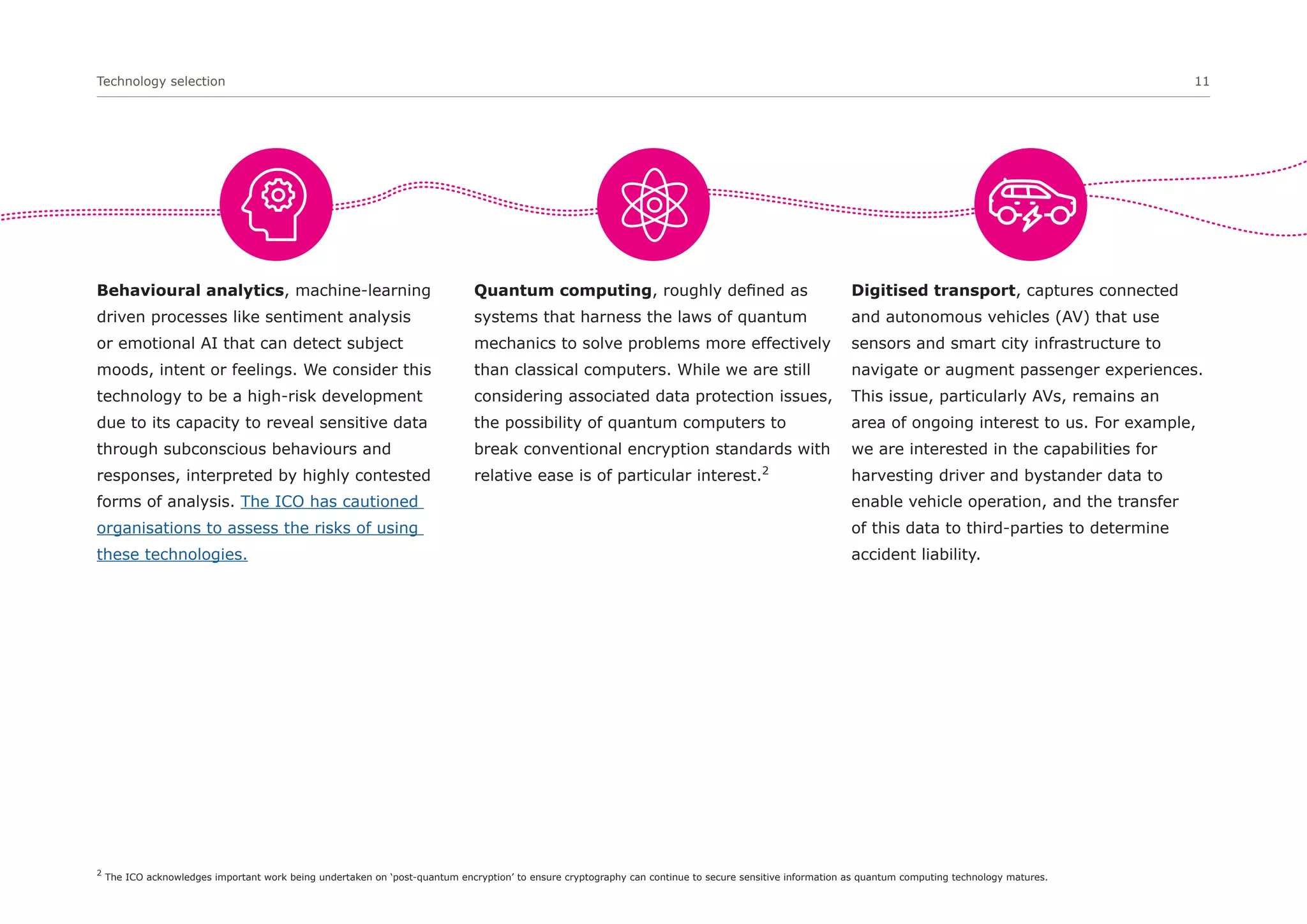 Technology selection 11
Behavioural analytics, machine-learning
driven processes like sentiment analysis
or emotional AI that can detect subject
moods, intent or feelings. We consider this
technology to be a high-risk development
due to its capacity to reveal sensitive data
through subconscious behaviours and
responses, interpreted by highly contested
forms of analysis. The ICO has cautioned
organisations to assess the risks of using
these technologies.
Quantum computing, roughly defined as
systems that harness the laws of quantum
mechanics to solve problems more effectively
than classical computers. While we are still
considering associated data protection issues,
the possibility of quantum computers to
break conventional encryption standards with
relative ease is of particular interest.2
Digitised transport, captures connected
and autonomous vehicles (AV) that use
sensors and smart city infrastructure to
navigate or augment passenger experiences.
This issue, particularly AVs, remains an
area of ongoing interest to us. For example,
we are interested in the capabilities for
harvesting driver and bystander data to
enable vehicle operation, and the transfer
of this data to third-parties to determine
accident liability.
2
The ICO acknowledges important work being undertaken on ‘post-quantum encryption’ to ensure cryptography can continue to secure sensitive information as quantum computing technology matures.
 