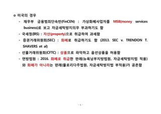 - 5 -
미국의 경우o
재무부 금융범죄단속반 가상화폐사업자를- (FinCEN) : MSB(money services
로 보고 자금세탁방지의무 부과하기도 함business)
국세청- (IRS) : 자산(property)으로 취급하여 과세함
증권거래위원회- (SEC) : 화폐로 취급하기도 함 (2013. SEC v. TRENDON T.
SHAVERS et al)
선물거래위원회- (CFTC) : 상품으로 파악하고 옵션상품을 허용함
연방법원- : 2016. 화폐로 취급한 판례 뉴욕남부지방법원 자금세탁방지법 적용( , )
와 화폐가 아니라는 판례 플로리다주법원 자금세탁방지법 부적용 가 공존함( , )
 