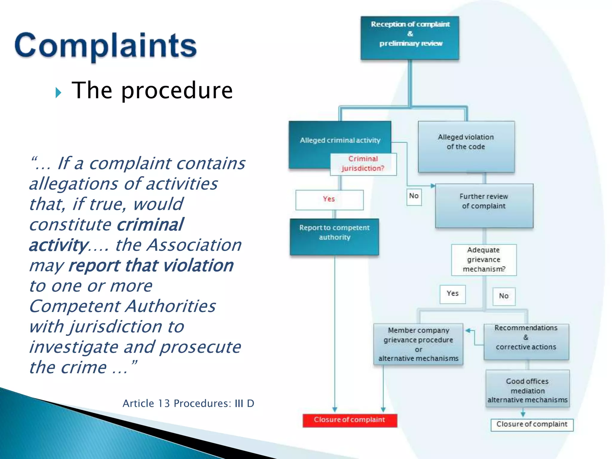  The procedure
“… If a complaint contains
allegations of activities
that, if true, would
constitute criminal
activity…. the Association
may report that violation
to one or more
Competent Authorities
with jurisdiction to
investigate and prosecute
the crime …”
Article 13 Procedures: III D
 