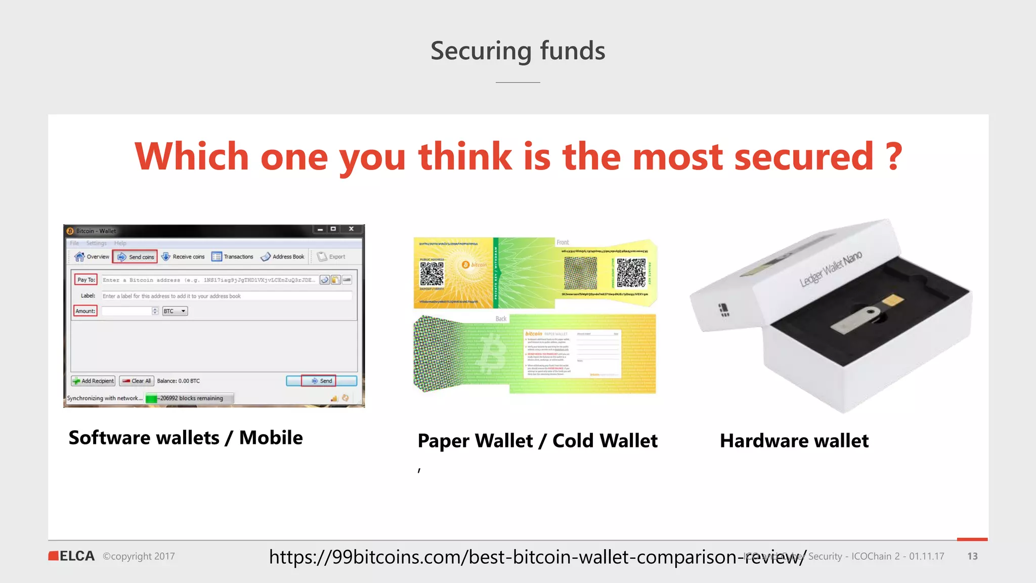 ©copyright 2017
Securing funds
13
Software wallets / Mobile
https://99bitcoins.com/best-bitcoin-wallet-comparison-review/
Paper Wallet / Cold Wallet
,
Hardware wallet
ICO and Cyber Security - ICOChain 2 - 01.11.17
Which one you think is the most secured ?
 
