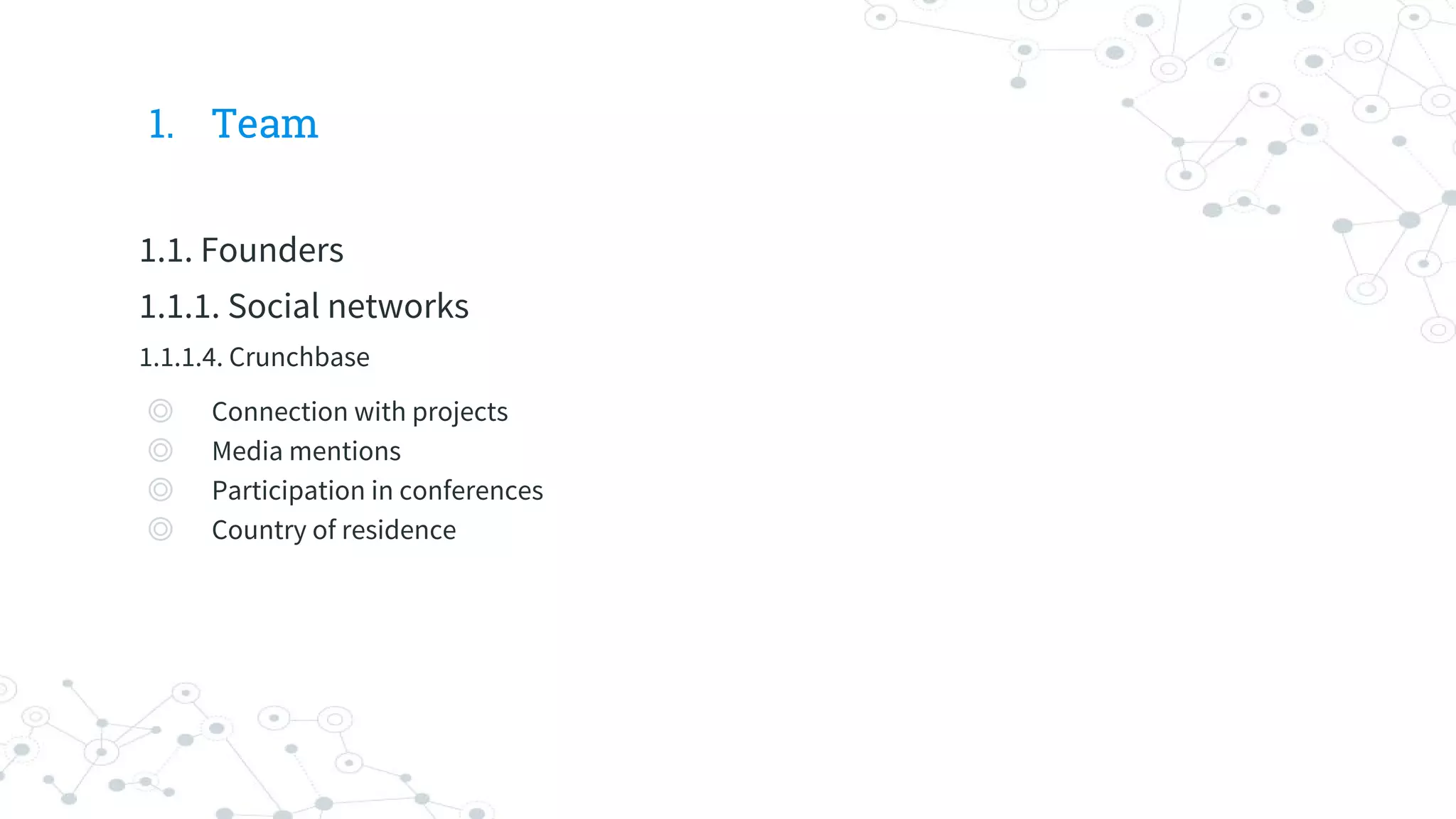 1. Team
1.1. Founders
1.1.1. Social networks
1.1.1.4. Crunchbase
◎ Connection with projects
◎ Media mentions
◎ Participation in conferences
◎ Country of residence
 