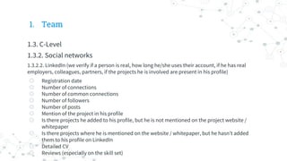 1. Team
1.3. C-Level
1.3.2. Social networks
1.3.2.2. LinkedIn (we verify if a person is real, how long he/she uses their account, if he has real
employers, colleagues, partners, if the projects he is involved are present in his profile)
◎ Registration date
◎ Number of connections
◎ Number of common connections
◎ Number of followers
◎ Number of posts
◎ Mention of the project in his profile
◎ Is there projects he added to his profile, but he is not mentioned on the project website /
whitepaper
◎ Is there projects where he is mentioned on the website / whitepaper, but he hasn’t added
them to his profile on LinkedIn
◎ Detailed CV
◎ Reviews (especially on the skill set)
 