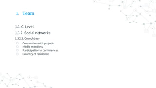 1. Team
1.3. C-Level
1.3.2. Social networks
1.3.2.3. Crunchbase
◎ Connection with projects
◎ Media mentions
◎ Participation in conferences
◎ Country of residence
 