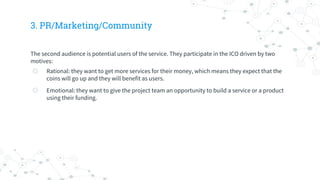 3. PR/Marketing/Community
The second audience is potential users of the service. They participate in the ICO driven by two
motives:
◎ Rational: they want to get more services for their money, which means they expect that the
coins will go up and they will benefit as users.
◎ Emotional: they want to give the project team an opportunity to build a service or a product
using their funding.
 