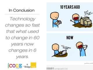 In Conclusion
Technology
changes so fast
that what used
to change in 60
years now
changes in 6
years.
Paul Zane Pilzer
 