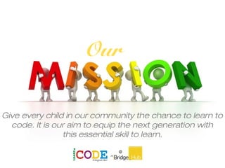 Our
Give every child in our community the chance to learn to
code. It is our aim to equip the next generation with
this essential skill to learn.
 