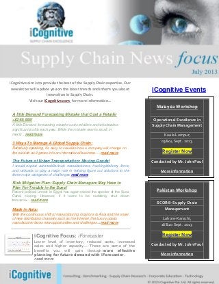 iCognitive aim is to provide the best of the Supply Chain expertise. Our
newsletter will update you on the latest trends and inform you about
innovation in Supply Chain.
Visit our iCognitive.com for more information…
3 Ways To Manage A Global Supply Chain:
Relatively speaking, it’s easy to visualize how a company will change on
the outside as it grows into an international business.… read more
A little Demand Forecasting Mistake that Cost a Retailer
>$250,000!
A little Demand forecasting mistake costs retailers and wholesalers
significant profits each year. While the mistake seems small, in
reality…read more
Made in Asia:
With the continuous shift of manufacturing locations to Asia and the onset
of new distribution channels such as the Internet, the luxury goods
manufacturer faces new opportunities and challenges…read more
The Future of Urban Transportation: Moving Goods!
I would expect automobile/truck manufacturers, trucking/delivery firms,
and railroads to play a major role in helping figure out solutions to the
three major categories of challenges read more
Risk Mitigation Plan: Supply Chain Managers May Have to
Plan For Trouble in the Suez!
Recent political unrest in Egypt has again raised the specter of the Suez
Canal closing. However, if it were to be suddenly shut down
tomorrow…read more
iCognitive Focus: iForecaster
Lower level of inventory, reduced costs, increased
sales and higher capacity... These are some of the
benefits you will gain through more effective
planning for future demand with iForecaster.
read more
Malaysia Workshop
Operational Excellence in
Supply Chain Management
Kuala Lumpur,
03&04 Sept. 2013
Register Now
Conducted by Mr. John Paul
More information
Pakistan Workshop
SCOR©-Supply Chain
Management
Lahore-Karachi,
16&20 Sept. 2013
Register Now
Conducted by Mr. John Paul
More information
iCognitive Events
 