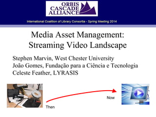 Media Asset Management:
Streaming Video Landscape
Stephen Marvin, West Chester University
João Gomes, Fundação para a Ciência e Tecnologia
Celeste Feather, LYRASIS
Then
Now
 