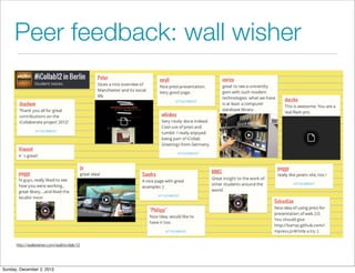Peer feedback: wall wisher




      http://wallwisher.com/wall/icollab12




Sunday, December 2, 2012
 