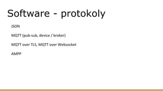 Software - protokoly
JSON
MQTT (pub-sub, device / broker)
MQTT over TLS, MQTT over Websocket
AMPP
 