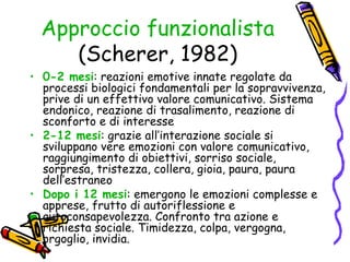 Approccio funzionalista (Scherer, 1982) 0-2 mesi : reazioni emotive innate regolate da processi biologici fondamentali per la sopravvivenza, prive di un effettivo valore comunicativo. Sistema endonico, reazione di trasalimento, reazione di sconforto e di interesse 2-12 mesi : grazie all’interazione sociale si sviluppano vere emozioni con valore comunicativo, raggiungimento di obiettivi, sorriso sociale, sorpresa, tristezza, collera, gioia, paura, paura dell’estraneo Dopo i 12 mesi : emergono le emozioni complesse e apprese, frutto di autoriflessione e  autoconsapevolezza. Confronto tra azione e  richiesta sociale. Timidezza, colpa, vergogna,  orgoglio, invidia. 