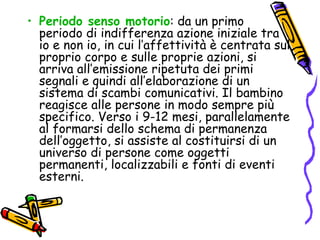 Periodo senso motorio : da un primo periodo di indifferenza azione iniziale tra io e non io, in cui l’affettività è centrata sul proprio corpo e sulle proprie azioni, si arriva all’emissione ripetuta dei primi segnali e quindi all’elaborazione di un sistema di scambi comunicativi. Il bambino reagisce alle persone in modo sempre più specifico. Verso i 9-12 mesi, parallelamente al formarsi dello schema di permanenza dell’oggetto, si assiste al costituirsi di un universo di persone come oggetti permanenti, localizzabili e fonti di eventi esterni. 