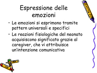 Espressione delle emozioni Le emozioni si esprimono tramite pattern universali e specifici Le reazioni fisiologiche del neonato acquisiscono significato grazie al caregiver, che vi attribuisce un’intenzione comunicativa 