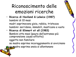 Riconoscimento delle emozioni ricerche Ricerca di Haviland & Lelwice (1987) bambini di 10 mesi madri esprimevano gioia, rabbia, tristezza bambini: sorridono, immobili, masticano a vuoto Ricerca di Klinnert et all (1983) Bambini otto mesi (paura dell’estraneo più comprensione causa-effetto) oggetto non familiare se madre esprime incoraggiamento si avvicinano se madre esprime ansia si allontanano 