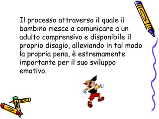 Il processo attraverso il quale il bambino riesce a comunicare a un adulto comprensivo e disponibile il proprio disagio, alleviando in tal modo la propria pena, è estremamente importante per il suo sviluppo emotivo. 