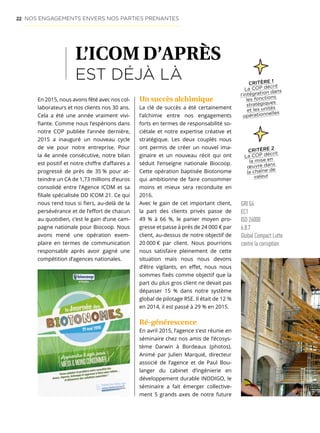 22
L’ICOM D’APRÈS
EST DÉJÀ LÀ
Un succès alchimique
La clé de succès a été certainement
l’alchimie entre nos engagements
forts en termes de responsabilité so-
ciétale et notre expertise créative et
stratégique. Les deux couplés nous
ont permis de créer un nouvel ima-
ginaire et un nouveau récit qui ont
séduit l’enseigne nationale Biocoop.
Cette opération baptisée Biotonome
qui ambitionne de faire consommer
moins et mieux sera reconduite en
2016.
Avec le gain de cet important client,
la part des clients privés passe de
49  % à 66 %, le panier moyen pro-
gresse et passe à près de 24 000 € par
client, au-dessus de notre objectif de
20 000 € par client. Nous pourrions
nous satisfaire pleinement de cette
situation mais nous nous devons
d’être vigilants, en effet, nous nous
sommes fixés comme objectif que la
part du plus gros client ne devait pas
dépasser 15 % dans notre système
global de pilotage RSE. Il était de 12 %
en 2014, il est passé à 29 % en 2015.
Ré-générescence
En avril 2015, l’agence s’est réunie en
séminaire chez nos amis de l’écosys-
tème Darwin à Bordeaux (photos).
Animé par Julien Marquié, directeur
associé de l’agence et de Paul Bou-
langer du cabinet d’ingénierie en
développement durable INDDIGO, le
séminaire a fait émerger collective-
ment 5 grands axes de notre future
ICOMRCSToulouseB393658760.2016-02-4371-icom-com.fr
En 2015, nous avons fêté avec nos col-
laborateurs et nos clients nos 30 ans.
Cela a été une année vraiment vivi-
fiante. Comme nous l’espérions dans
notre COP publiée l’année dernière,
2015 a inauguré un nouveau cycle
de vie pour notre entreprise. Pour
la 4e année consécutive, notre bilan
est positif et notre chiffre d’affaires a
progressé de près de 35 % pour at-
teindre un CA de 1,73 millions d’euros
consolidé entre l’Agence ICOM et sa
filiale spécialisée DD ICOM 21. Ce qui
nous rend tous si fiers, au-delà de la
persévérance et de l’effort de chacun
au quotidien, c’est le gain d’une cam-
pagne nationale pour Biocoop. Nous
avons mené une opération exem-
plaire en termes de communication
responsable après avoir gagné une
compétition d’agences nationales.
NOS ENGAGEMENTS ENVERS NOS PARTIES PRENANTES
GRI G4
EC1
ISO 26000
6.8.7
Global Compact Lutte
contre la corruption
CRITÈRE 2
La COP décrit
la mise en
œuvre dans
la chaîne de
valeur
CRITÈRE 1
La COP décrit
l’intégration dans
les fonctions
stratégiques
et les unités
opérationnelles
 