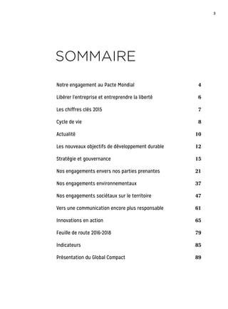 3
SOMMAIRE
Notre engagement au Pacte Mondial 4
Libérer l’entreprise et entreprendre la liberté 6
Les chiffres clés 2015 7
Cycle de vie 8
Actualité 10
Les nouveaux objectifs de développement durable 12
Stratégie et gouvernance 15
Nos engagements envers nos parties prenantes 21
Nos engagements environnementaux 37
Nos engagements sociétaux sur le territoire 47
Vers une communication encore plus responsable 61
Innovations en action 65
Feuille de route 2016-2018 79
Indicateurs 85
Présentation du Global Compact 89
 