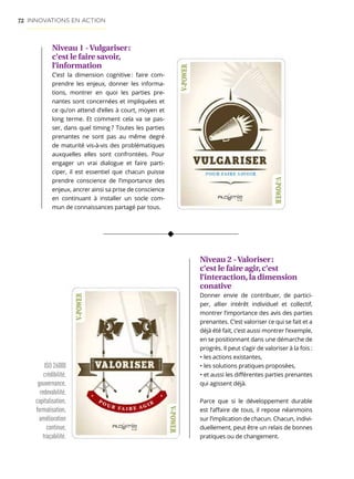 72
Niveau 1 -Vulgariser :
c’est le faire savoir,
l’information
C’est la dimension cognitive : faire com-
prendre les enjeux, donner les informa-
tions, montrer en quoi les parties pre-
nantes sont concernées et impliquées et
ce qu’on attend d’elles à court, moyen et
long terme. Et comment cela va se pas-
ser, dans quel timing ? Toutes les parties
prenantes ne sont pas au même degré
de maturité vis-à-vis des problématiques
auxquelles elles sont confrontées. Pour
engager un vrai dialogue et faire parti-
ciper, il est essentiel que chacun puisse
prendre conscience de l’importance des
enjeux, ancrer ainsi sa prise de conscience
en continuant à installer un socle com-
mun de connaissances partagé par tous.
Niveau 2 -Valoriser :
c’est le faire agir, c’est
l’interaction, la dimension
conative
Donner envie de contribuer, de partici-
per, allier intérêt individuel et collectif,
montrer l’importance des avis des parties
prenantes. C’est valoriser ce qui se fait et a
déjà été fait, c’est aussi montrer l’exemple,
en se positionnant dans une démarche de
progrès. Il peut s’agir de valoriser à la fois :
• les actions existantes,
• les solutions pratiques proposées,
• et aussi les différentes parties prenantes
qui agissent déjà.
Parce que si le développement durable
est l’affaire de tous, il repose néanmoins
sur l’implication de chacun. Chacun, indivi-
duellement, peut être un relais de bonnes
pratiques ou de changement.
ISO 26000
crédibilité,
gouvernance,
redevabilité,
capitalisation,
formalisation,
amélioration
continue,
traçabilité.
INNOVATIONS EN ACTION
 