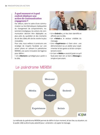 74
À quel moment et à quel
endroit déployer une
action de communication
engageante ?
Par ailleurs, dans le cadre d’une commu-
nication sur les thématiques impliquantes
du changement de comportement, no-
tamment écologique, les actions de com-
munication devront être déployées au
plus près du quotidien et des moments
de vie des cibles afin de les rendre le plus
recevables.
Pour cela, nous veillons à construire une
stratégie de moyens focalisée sur une
action phare en utilisant le palindrome
MEREM, une autre innovation de l’agence
pour définir :
• Un « Moment » privilégié pour parler à
la cible,
Le palindrome MEREM
21
Focalisation
Moment
Endroit
RelaisExperience
Media
• Un « Endroit », un lieu bien identifié en
affinité avec la cible,
• Un « Relais », le vecteur crédible du
message,
• Une « Expérience » à faire vivre : une
démonstration ou un atelier pour expé-
rimenter le bon geste ou le bon compor-
tement à tenir
• Un bon « Média » associé (juste ce qu’il
faut) avec bien sûr un bon « Message »
simple et percutant.
La méthode du palindrome MEREM permet de définir le bon moment, le bon lieu ou situation, où
le public ciblé va être le plus attentif pour « entendre » et capter le message.
INNOVATIONS EN ACTION
 