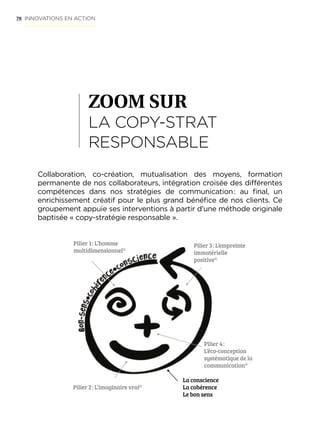 76
ZOOM SUR
LA COPY-STRAT
RESPONSABLE
INNOVATIONS EN ACTION
Collaboration, co-création, mutualisation des moyens, formation
permanente de nos collaborateurs, intégration croisée des différentes
compétences dans nos stratégies de communication : au final, un
enrichissement créatif pour le plus grand bénéfice de nos clients. Ce
groupement appuie ses interventions à partir d’une méthode originale
baptisée « copy-stratégie responsable ».
Pilier 1 : L’homme
multidimensionnel©
Pilier 2 : L’imaginaire vrai©
Pilier 3 : L’empreinte
immatérielle
positive©
Pilier 4 :
L’éco-conception
systématique de la
communication©
La conscience
La cohérence
Le bon sens
 